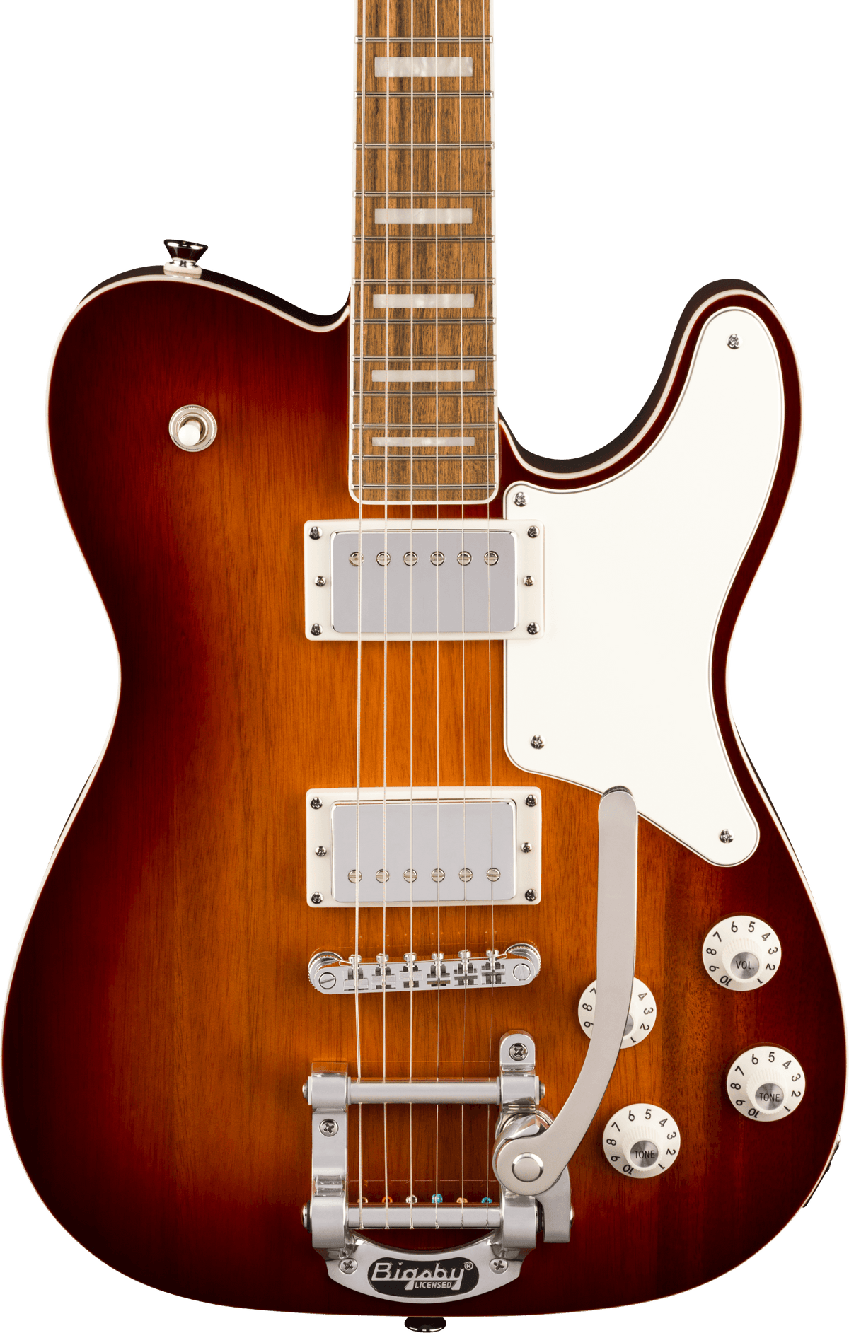 Squier Paranormal Troublemaker Telecaster® Deluxe Bigsby®, Laurel Fingerboard, Parchment Pickguard, Honey Sunburst - Fair Deal Music