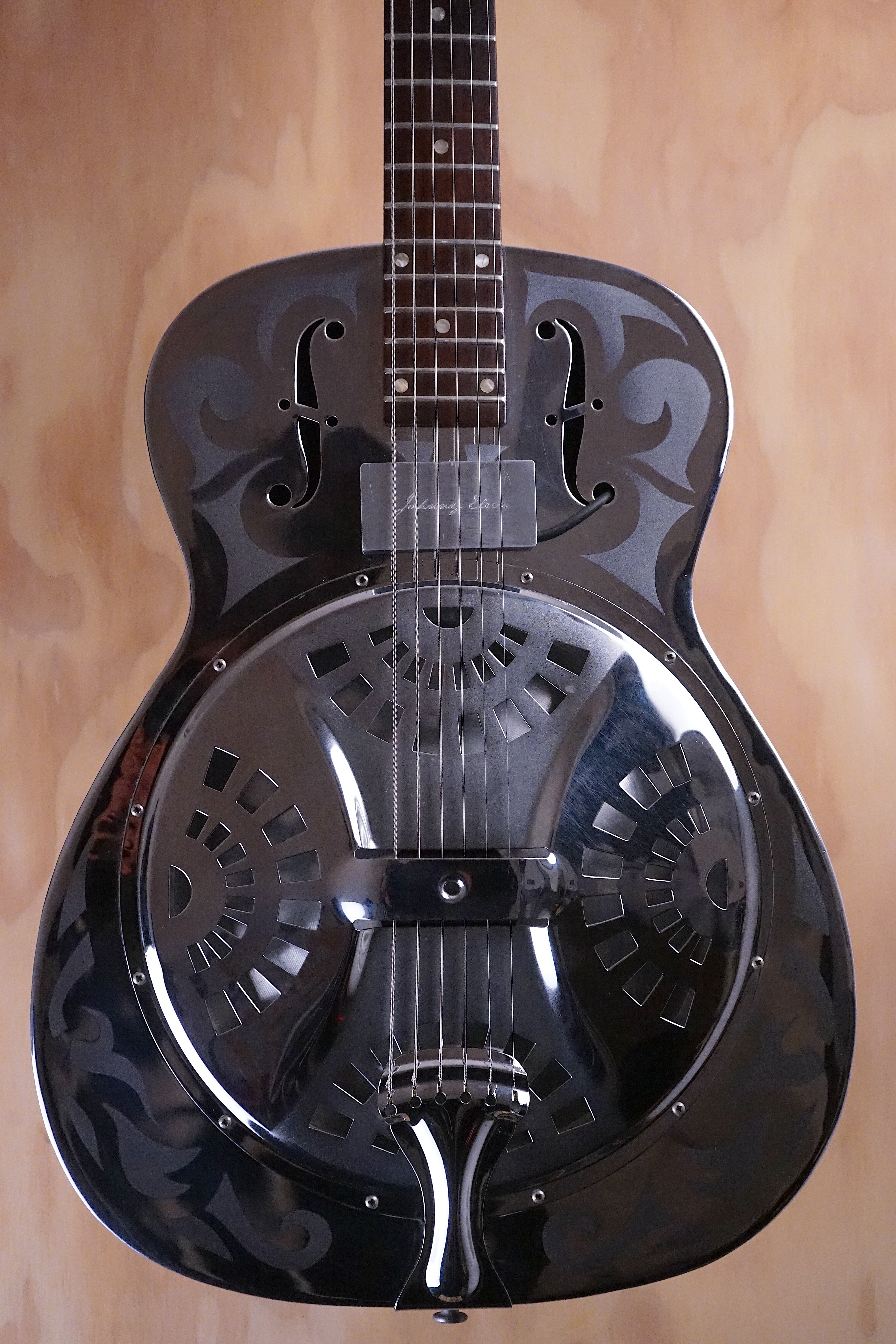 Dobro D-33 resonator with an added Johnny Eleca SH-3 Single Coil Magnetic Soundboard Slimline Pickup Resonator Guitar, (Used) - Fair Deal Music
