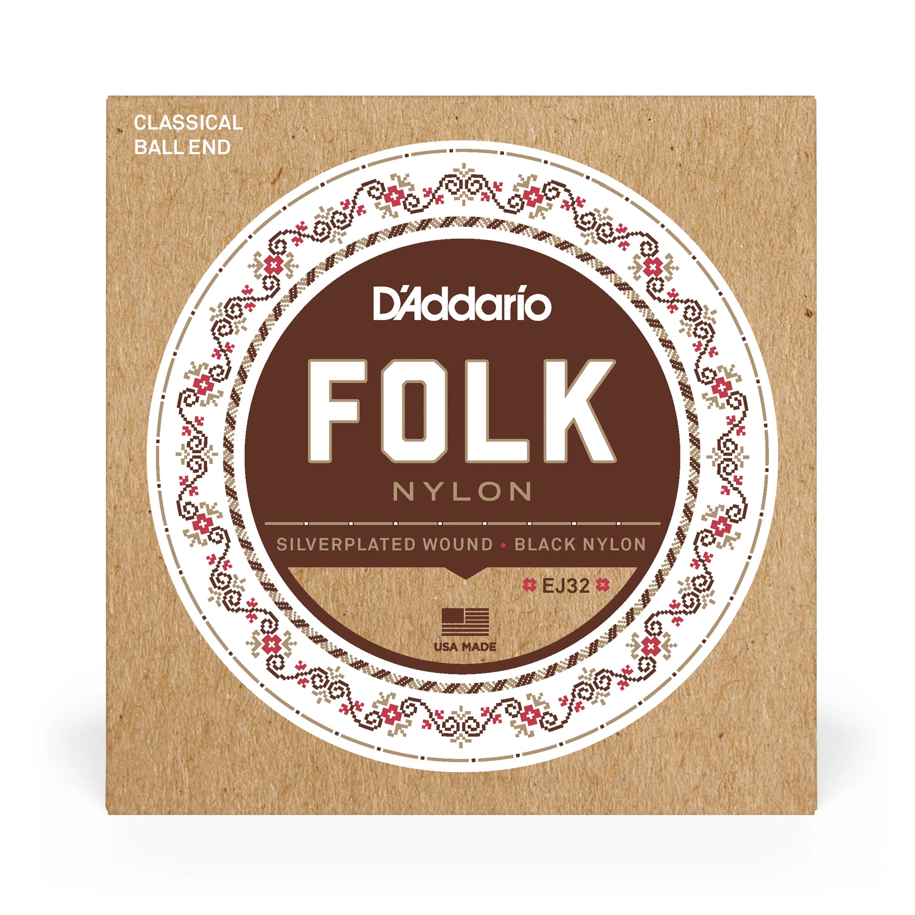 D'Addario EJ32 Folk Nylon Silver-plated & Black Nylon Acoustic Guitar Strings, Ball-End - Fair Deal Music