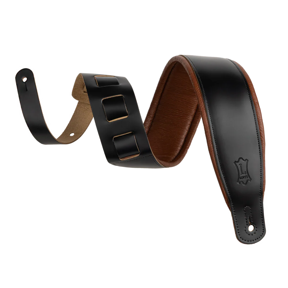 Levy's Amped Top Grain Leather Padded 3" - Black on Tan Guitar Strap - Fair Deal Music