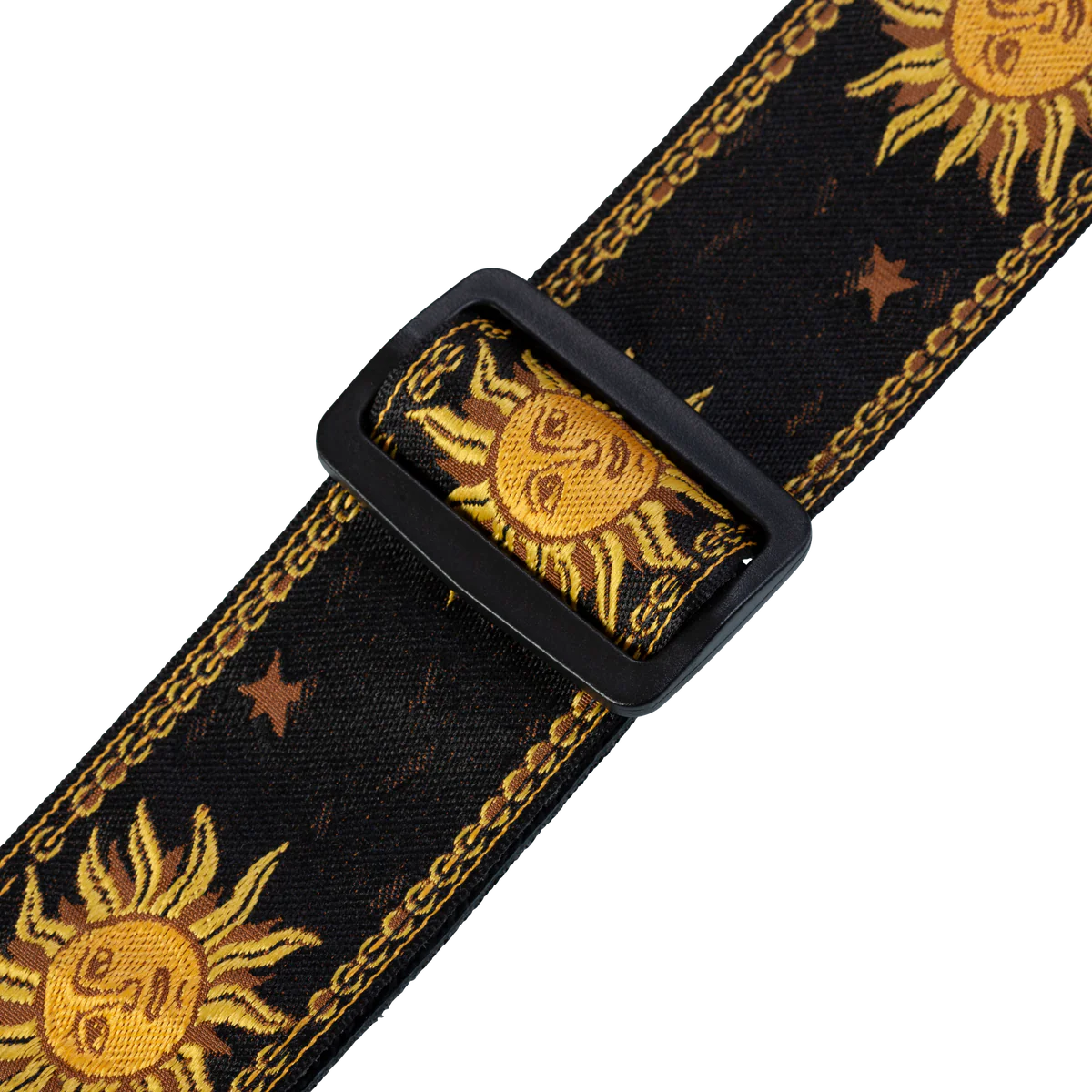 Levy's Sun Motif Weave w Leather Backing - Yellow on Black Guitar Strap - Fair Deal Music