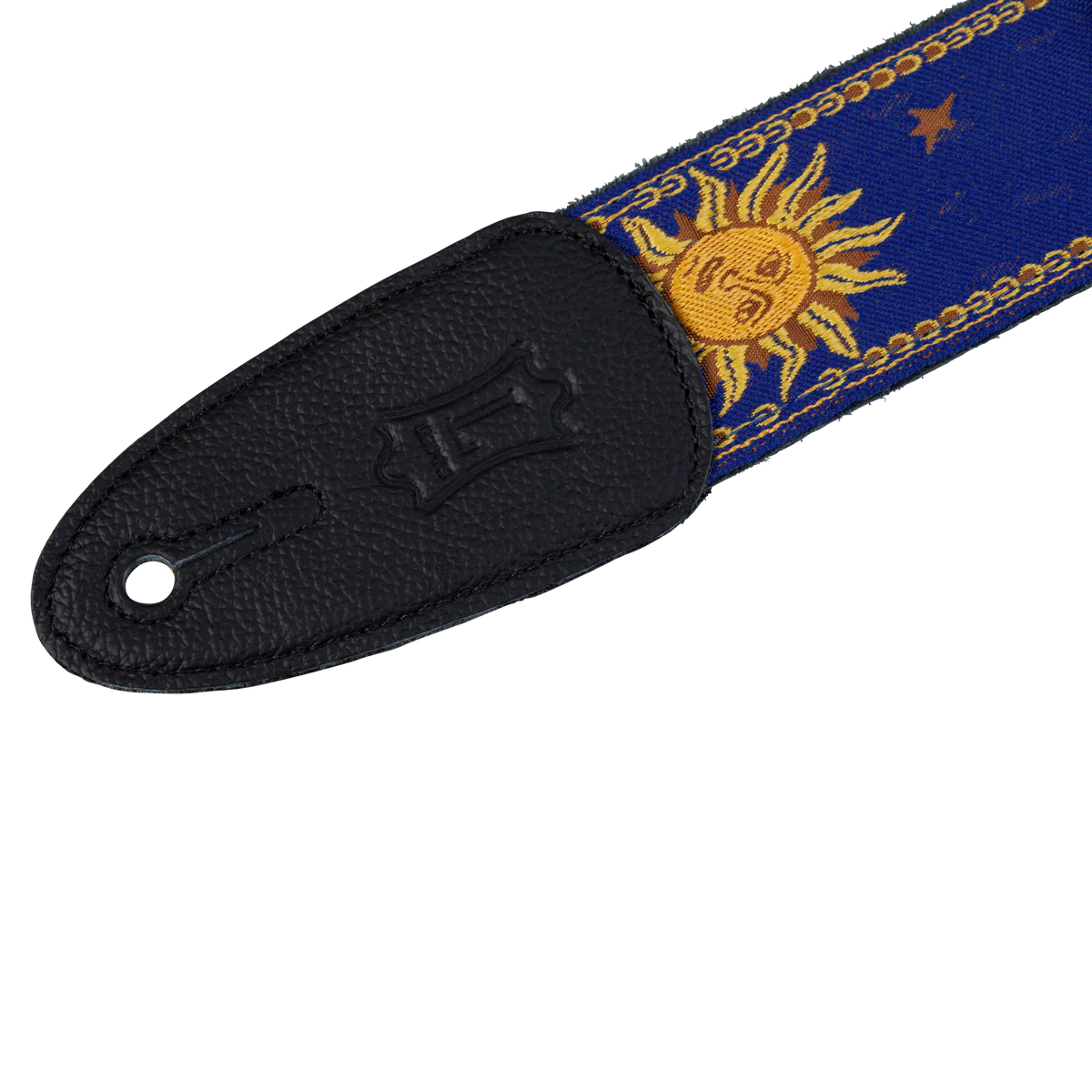 Levy's Sun Motif Weave w Leather Backing - Yellow on Blue Guitar Strap - Fair Deal Music