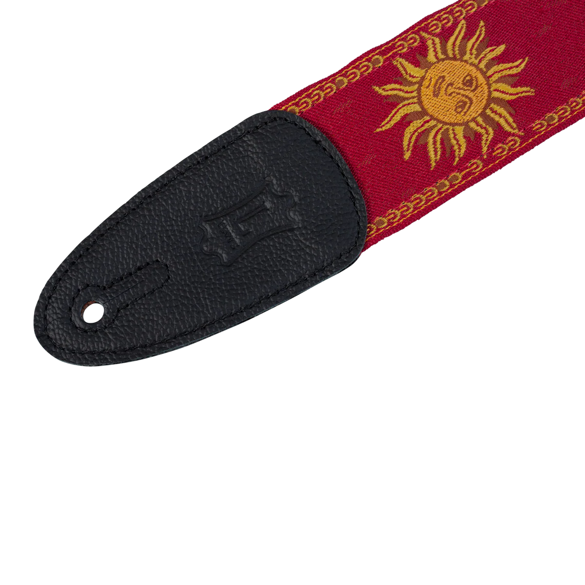 Levy's Sun Motif Weave w Leather Backing - Yellow on Red Guitar Strap - Fair Deal Music