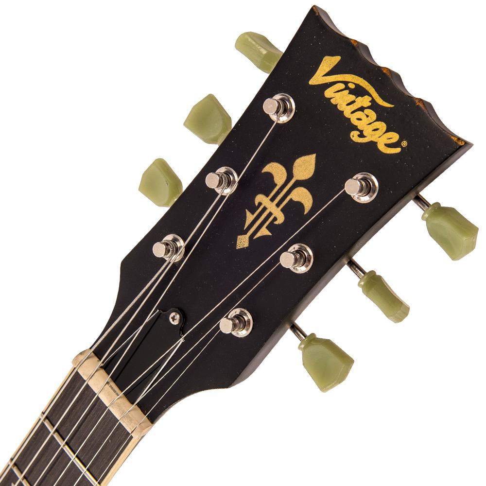 Vintage V100 ICON Electric Guitar ~ Distressed Black Over Sunburst - Fair Deal Music