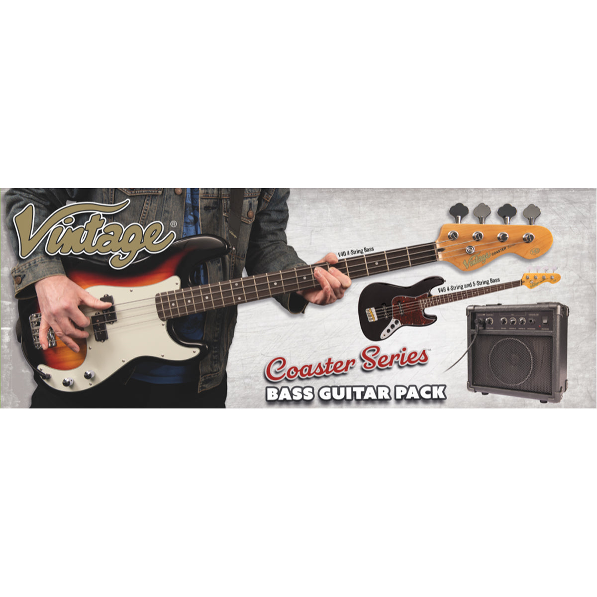 Vintage V40 Coaster Series Bass Guitar Pack ~ Left Hand Boulevard Black - Fair Deal Music