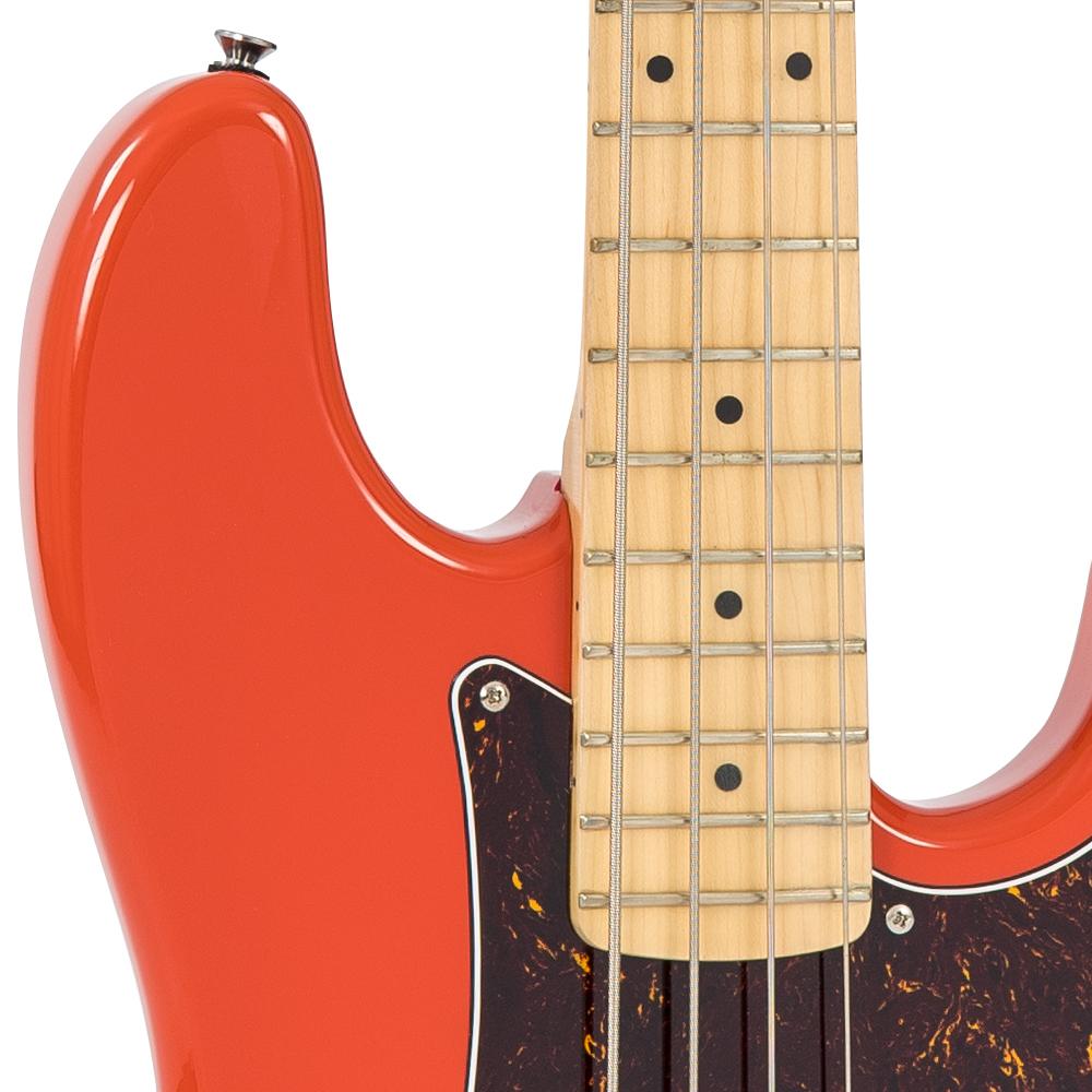 Vintage V4 ReIssued Maple Fingerboard Bass Guitar ~ Firenza Red - Fair Deal Music