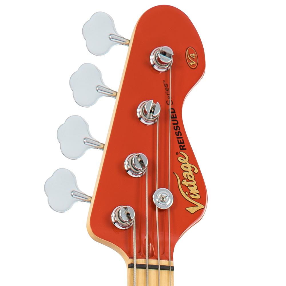 Vintage V4 ReIssued Maple Fingerboard Bass Guitar ~ Firenza Red - Fair Deal Music