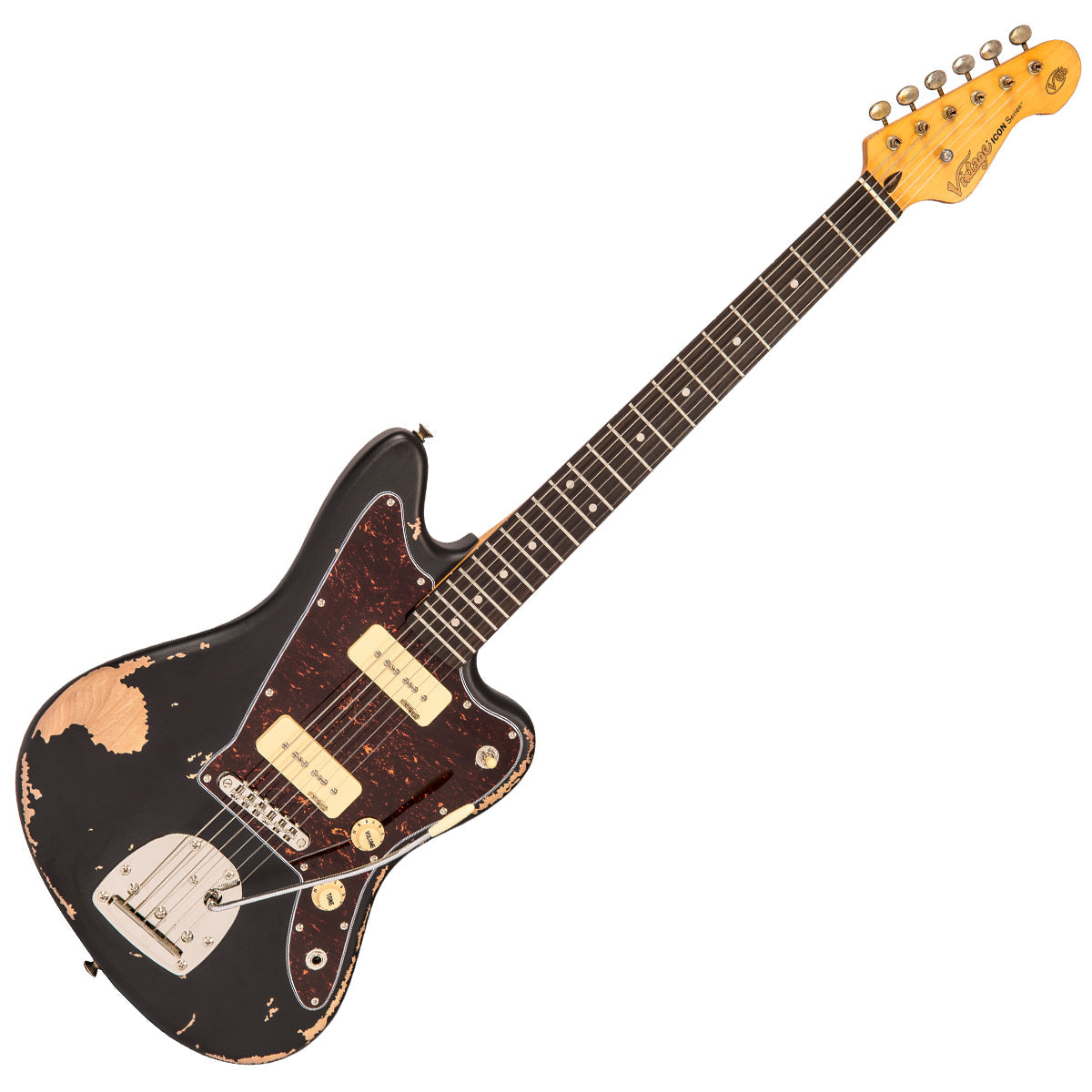 Vintage V65 ICON Vibrato Electric Guitar ~ Distressed Black - Fair Deal Music