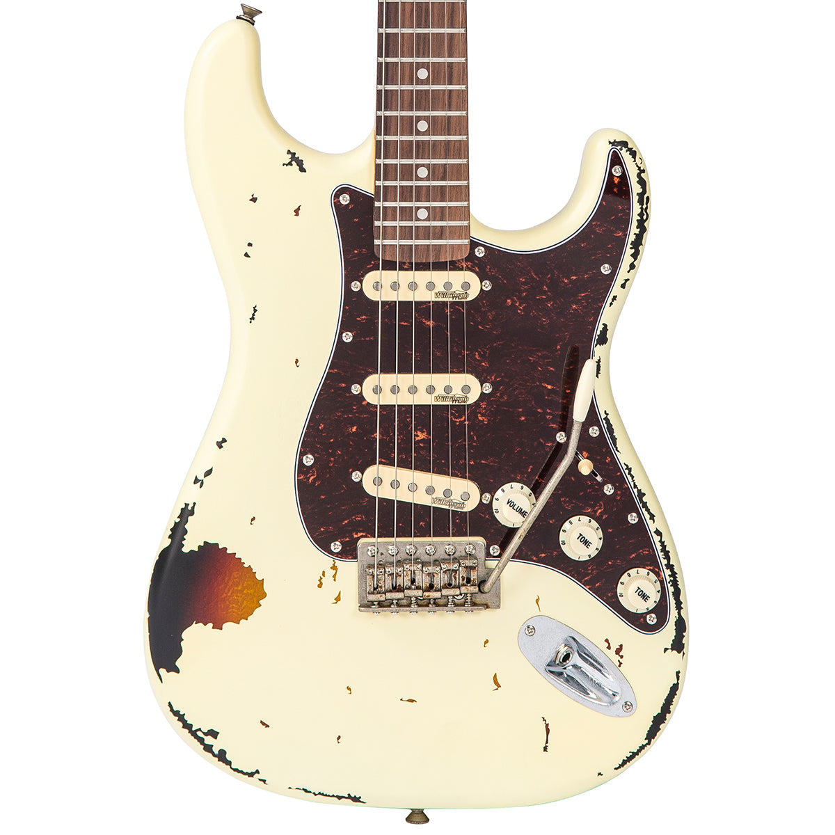 Vintage V6 ICON Electric Guitar ~ Distressed White Over Sunburst - Fair Deal Music