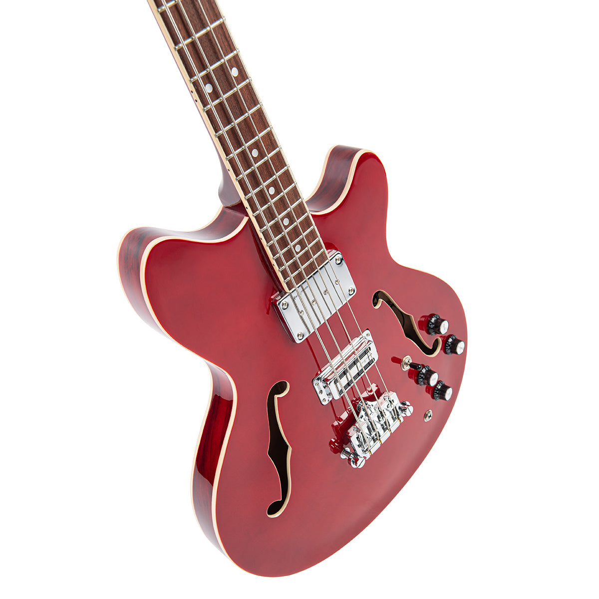 Vintage REVO Series 'Supreme' Semi Acoustic Bass ~ Cherry Red - Fair Deal Music