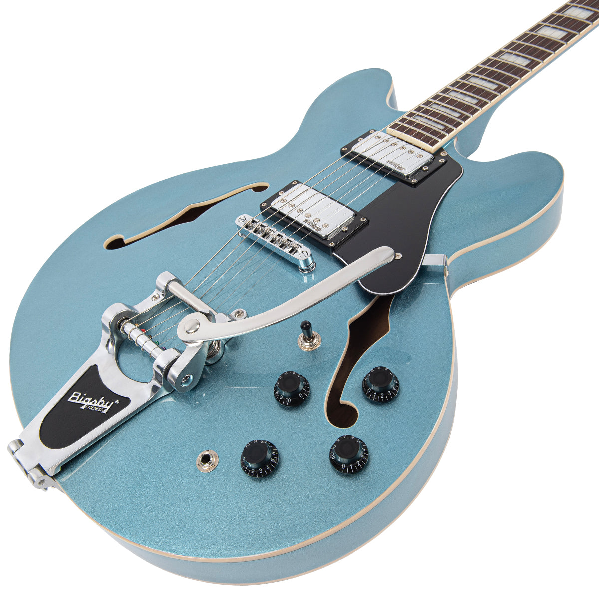 Vintage VSA500B ReIssued Semi Acoustic Guitar w/Bigsby ~ Gun Hill Blue - Fair Deal Music