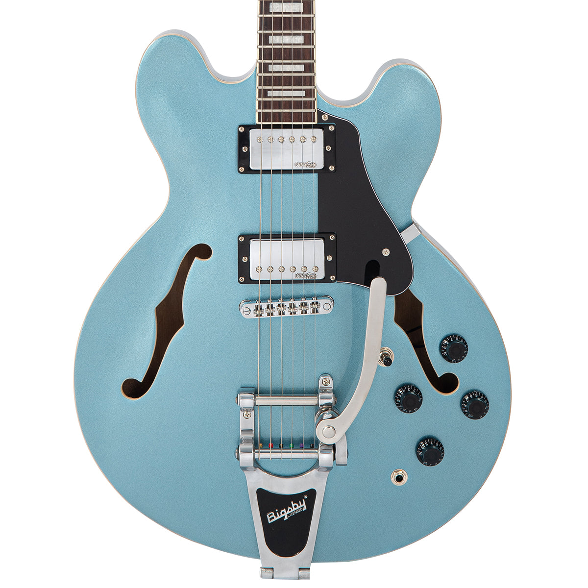 Vintage VSA500B ReIssued Semi Acoustic Guitar w/Bigsby ~ Gun Hill Blue - Fair Deal Music