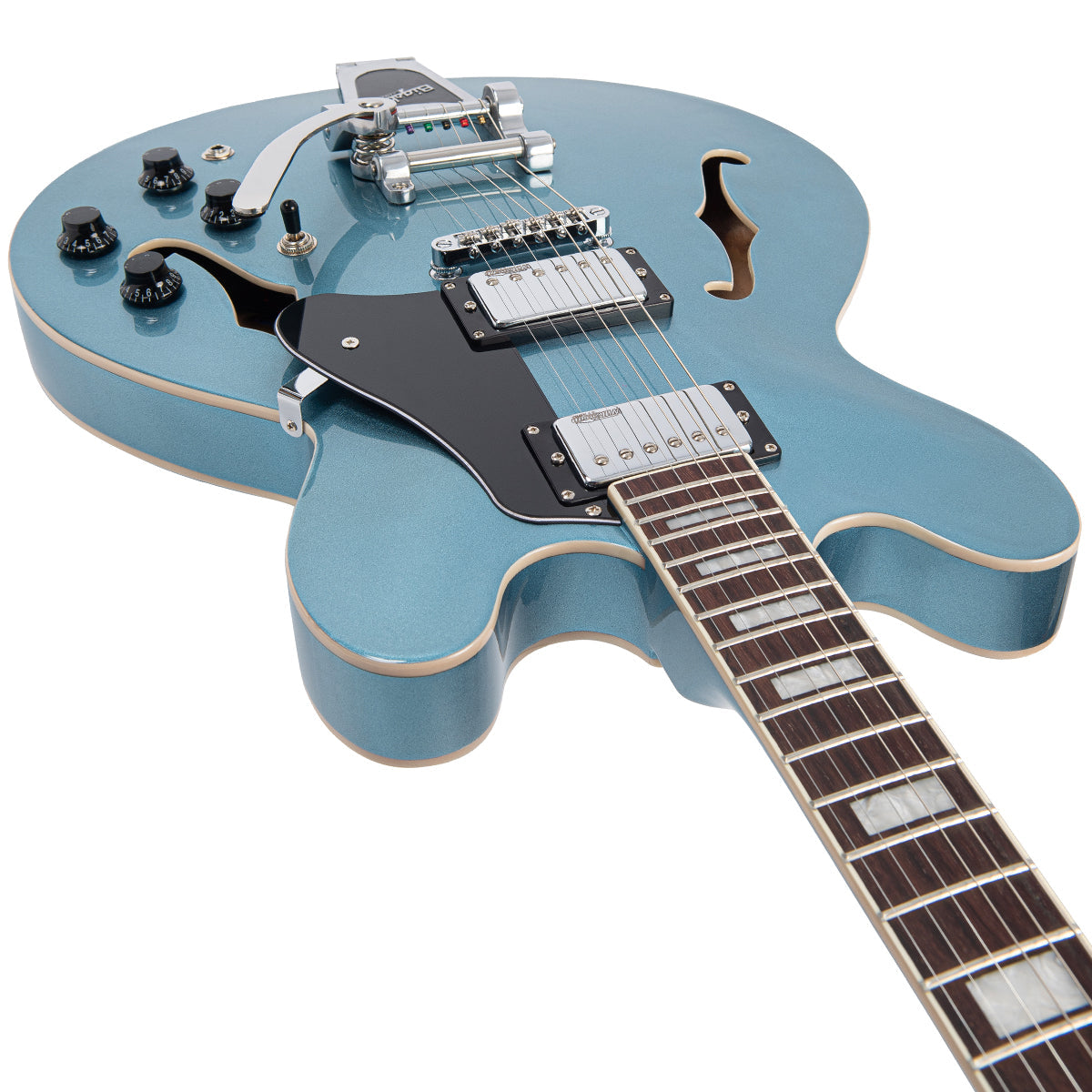 Vintage VSA500B ReIssued Semi Acoustic Guitar w/Bigsby ~ Gun Hill Blue - Fair Deal Music