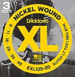D'Addario EXL125-3D 9-46 Super Light Top/Regular Bottom, XL Nickel Electric Guitar Strings 3-Pack - Fair Deal Music