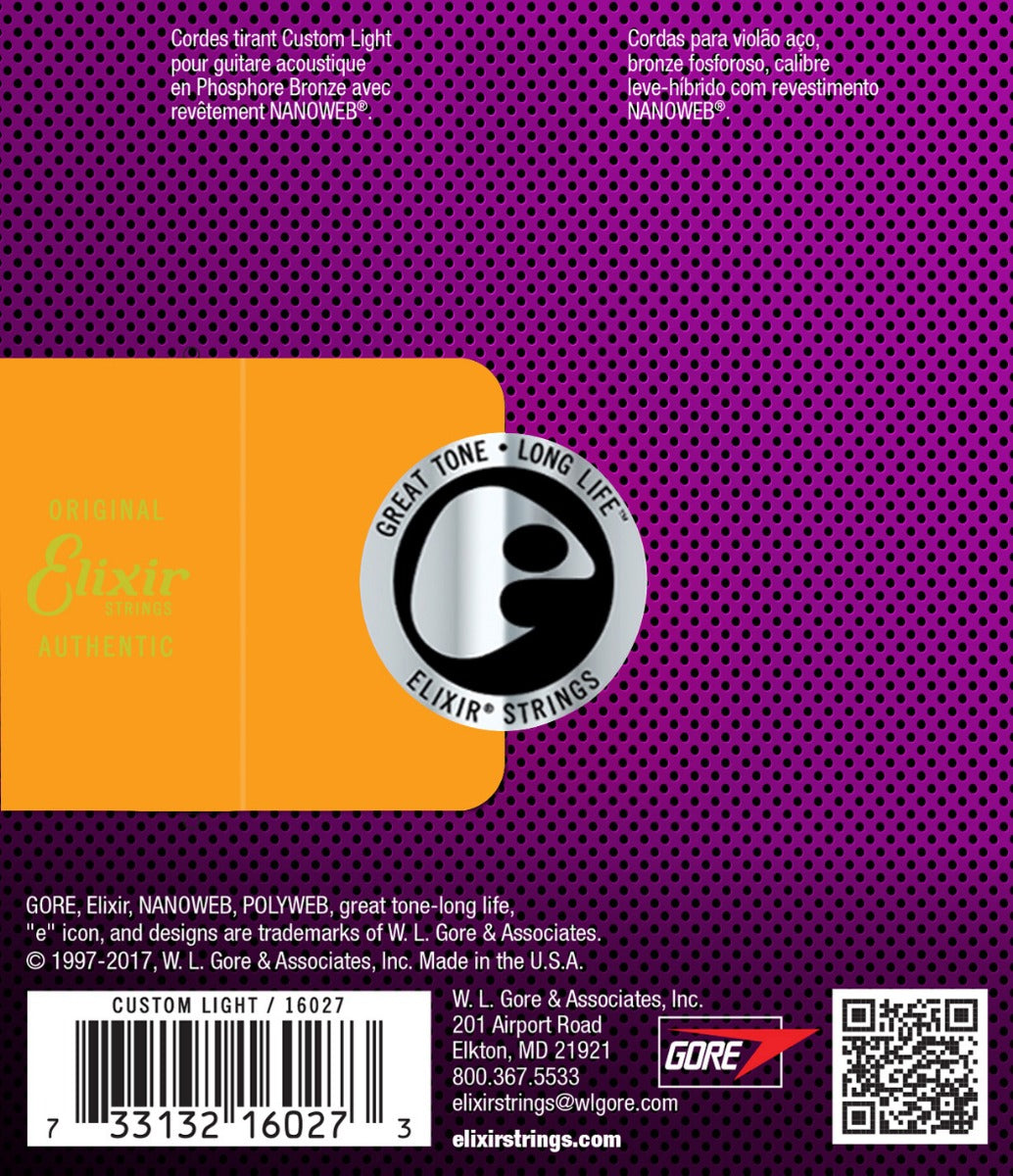 Elixir E16027 Nanoweb Custom Light Phosphor Bronze Strings, 11-52 - Fair Deal Music