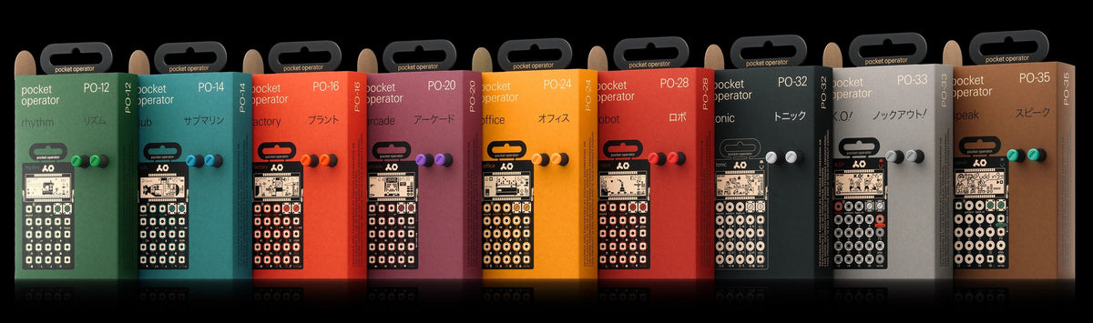 9 various colourful Teenage Engineering boxed Pocket Operators with a black background