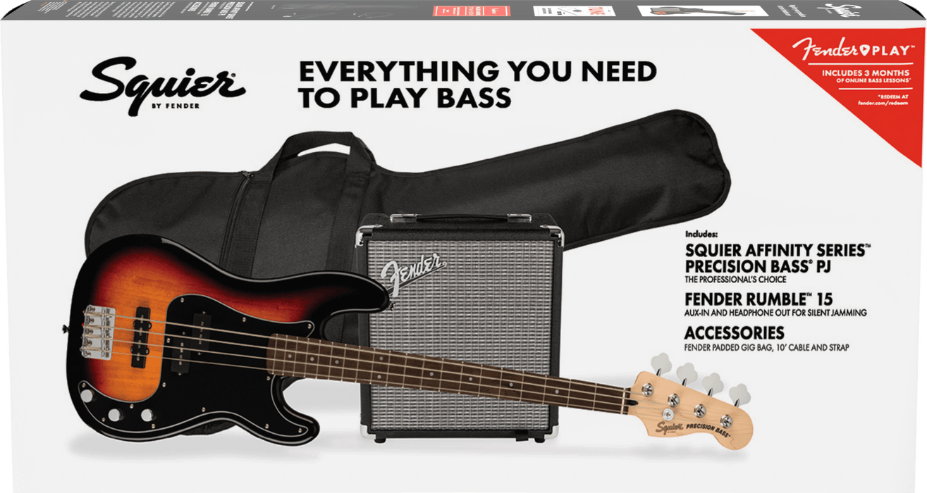 Squier Affinity P J Bass Pack with Fender Rumble 15 Amp - 3-Colour Sunburst - Fair Deal Music