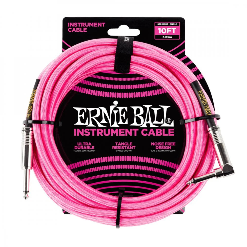 Ernie Ball Braided Instrument Cable | 1/4" - Angled - 10' - Pink - Fair Deal Music