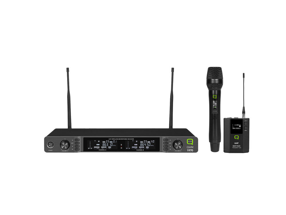 Q-Audio QWM 1970 HHBP Dual Wireless Microphone System w/ Handheld Mic & Lavalier - Fair Deal Music