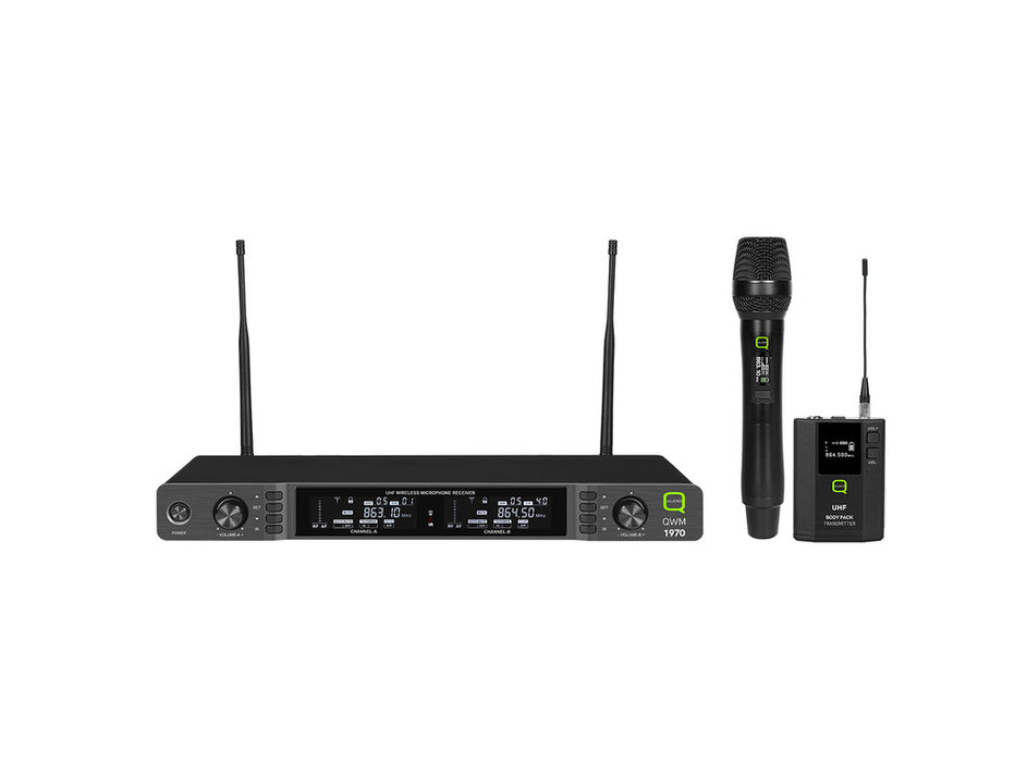 Q-Audio QWM 1970 HHBP Dual Wireless Microphone System w/ Handheld Mic & Lavalier - Fair Deal Music