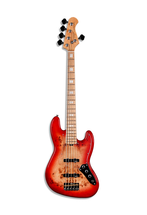 SQOE SJB750 J-Bass 5 string in Red Burl Finish - Fair Deal Music