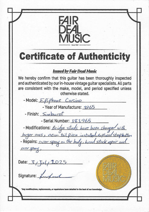 1965 Epiphone Casino, (Used, Comm) - Fair Deal Music
