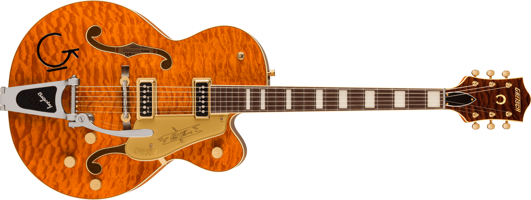 G6120TGQM-56 Limited Edition Quilt Classic Chet Atkins Hollow Body with Bigsby, Roundup Orange Stain Lacquer - Fair Deal Music