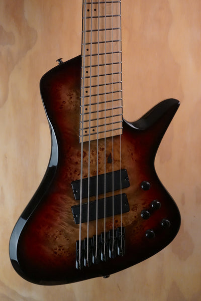 G4M 972 Fanned Fret Bass Guitar Red Burl Burst, (Used)