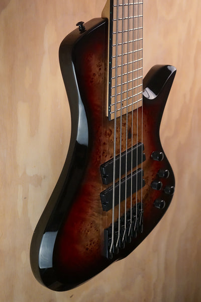 G4M 972 Fanned Fret Bass Guitar Red Burl Burst, (Used)