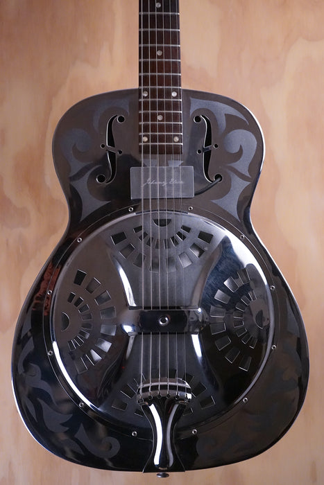 Dobro D-33 resonator with an added Johnny Eleca SH-3 Single Coil Magnetic Soundboard Slimline Pickup Resonator Guitar, (Used) - Fair Deal Music