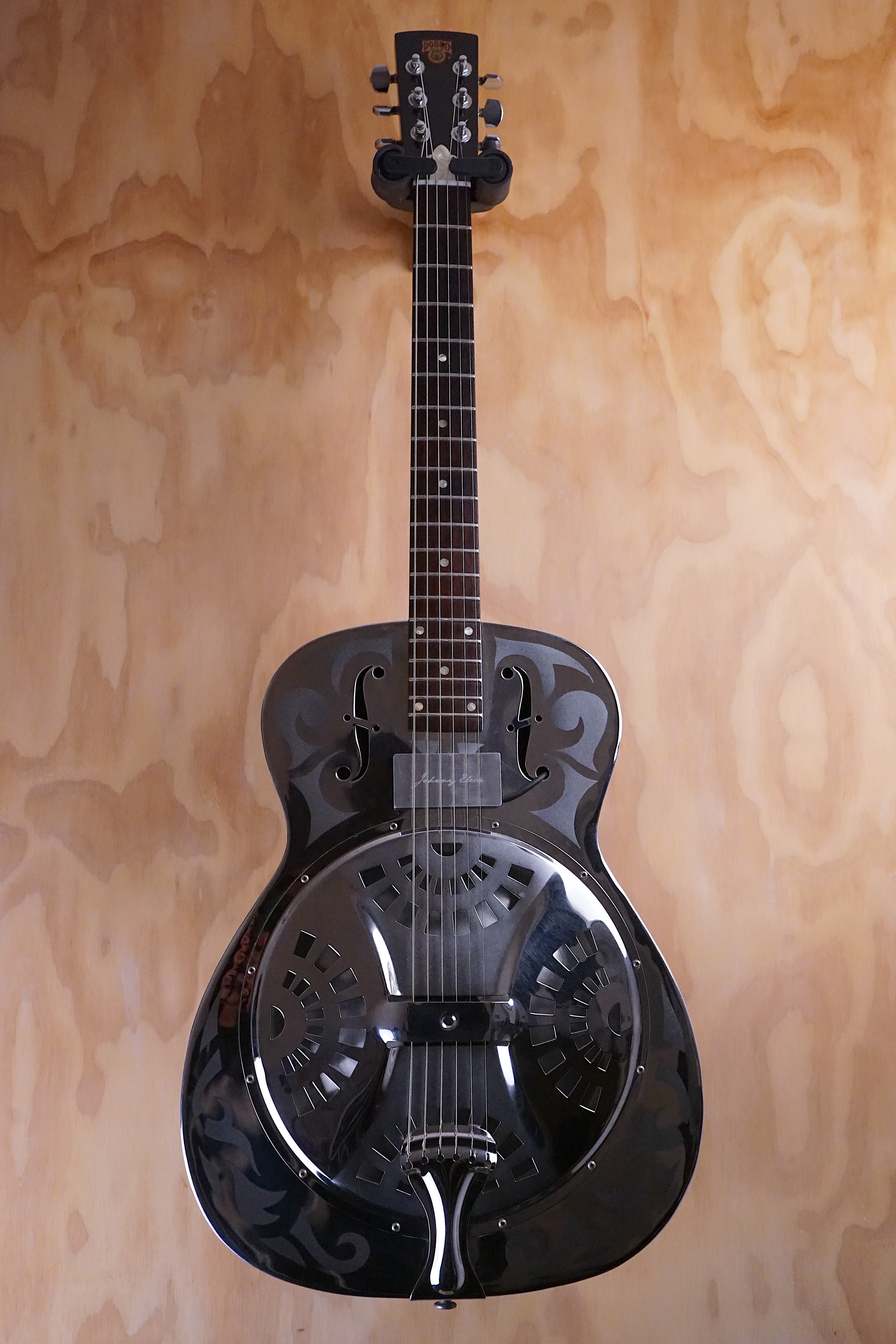 Dobro D-33 resonator with an added Johnny Eleca SH-3 Single Coil Magnetic Soundboard Slimline Pickup Resonator Guitar, (Used) - Fair Deal Music