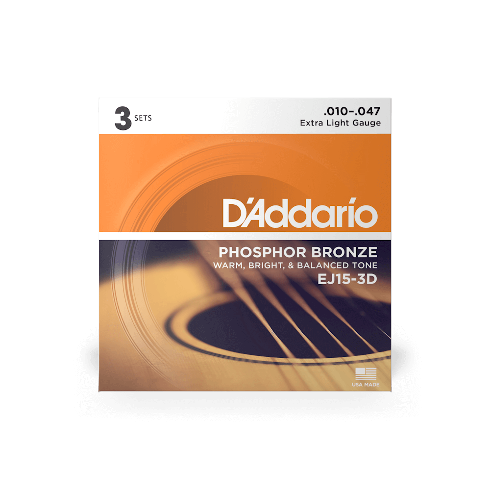 D'Addario EJ15-3D Phosphor Bronze Acoustic, Extra Light, 10-47, 3 Pack - Fair Deal Music