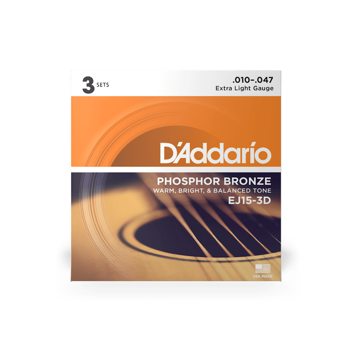 D'Addario EJ15-3D Phosphor Bronze Acoustic, Extra Light, 10-47, 3 Pack - Fair Deal Music