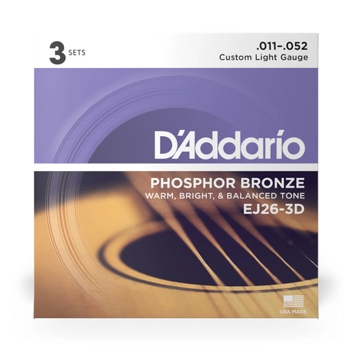 D'Addario EJ26-3D Phosphor Bronze Acoustic, Custom Light, 11-52, 3 Pack - Fair Deal Music