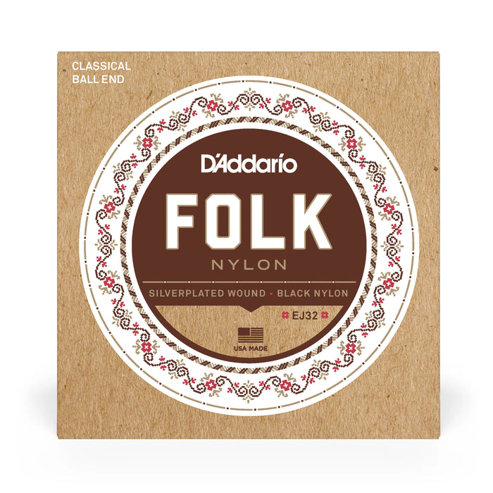 D'Addario EJ32 Folk Nylon Silver-plated & Black Nylon Acoustic Guitar Strings, Ball-End - Fair Deal Music