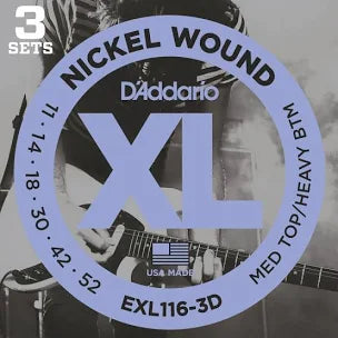D'Addario EXL116-3D 11-52 Medium Top/Heavy Bottom, XL Nickel Electric Guitar Strings 3-Pack - Fair Deal Music