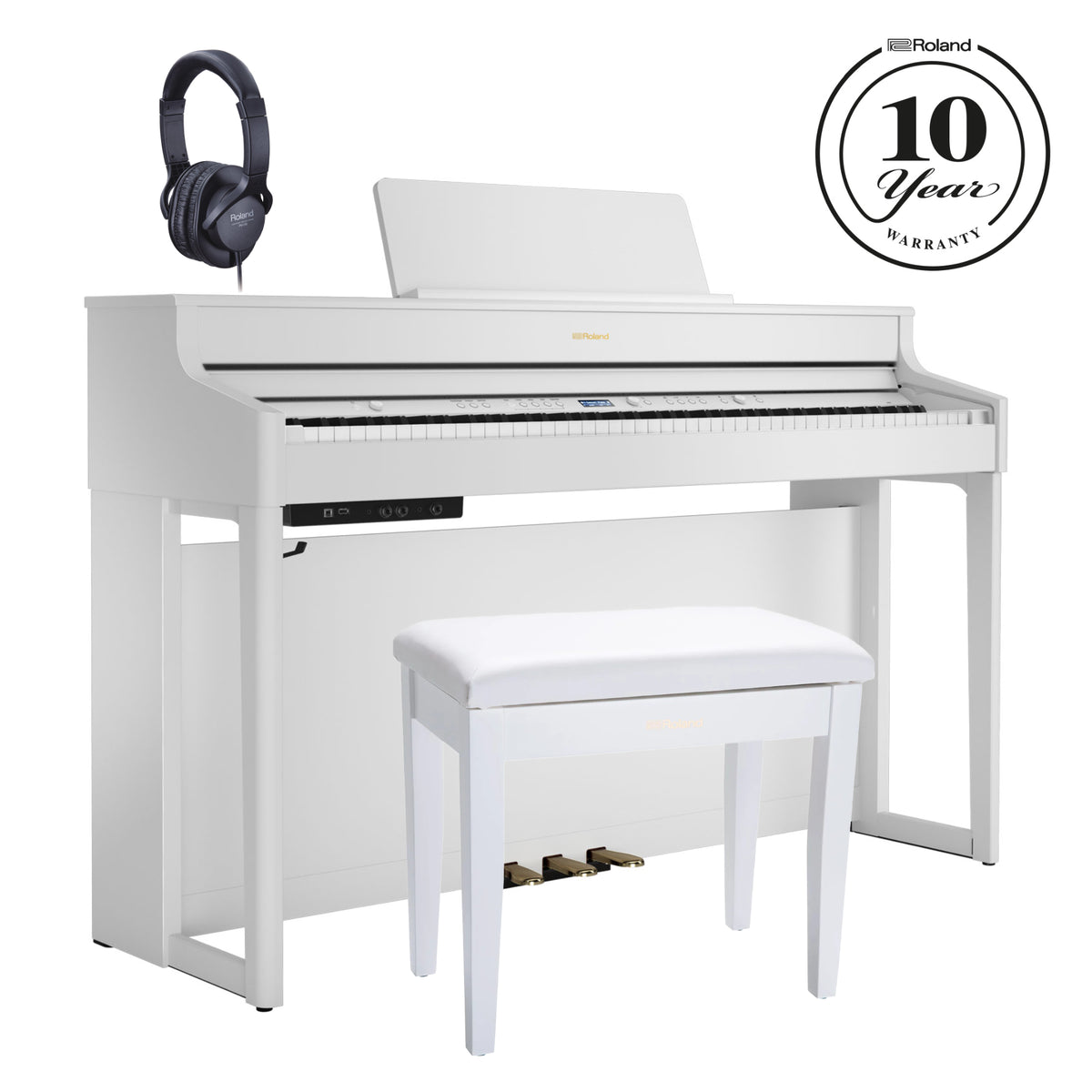 Roland HP702 Digital Upright Piano White Satin Bundle