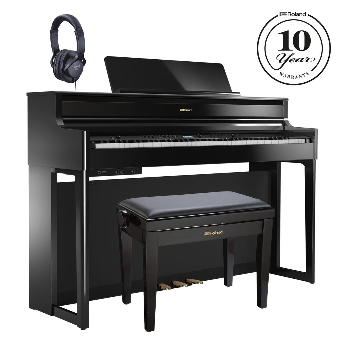 Roland HP704 Digital Upright Piano Polished Ebony Bundle - Fair Deal Music