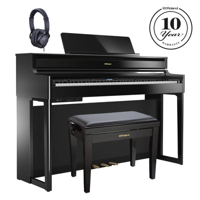 Roland HP704 Digital Upright Piano Polished Ebony Bundle - Fair Deal Music