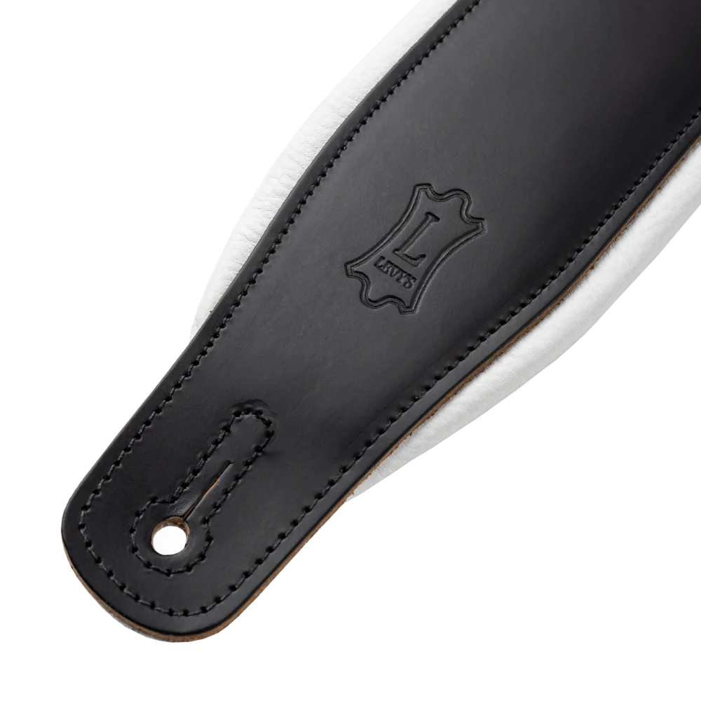 Levy's Amped Top Grain Leather Padded 3" - Black on White Guitar Strap - Fair Deal Music