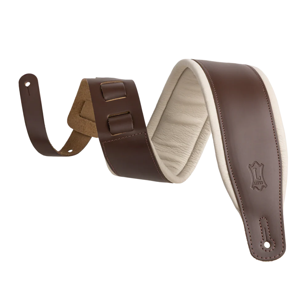 Levy's Amped Top Grain Leather Padded 3" - Dark Brown on Cream Guitar Strap - Fair Deal Music