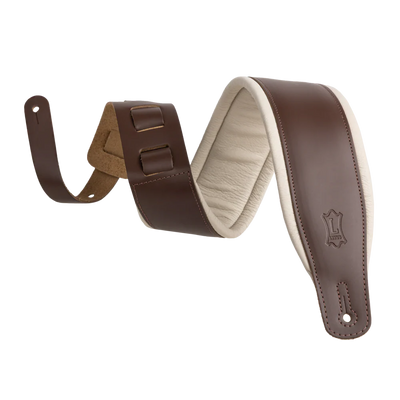 Levy's Amped Top Grain Leather Padded 3" - Dark Brown on Cream Guitar Strap - Fair Deal Music
