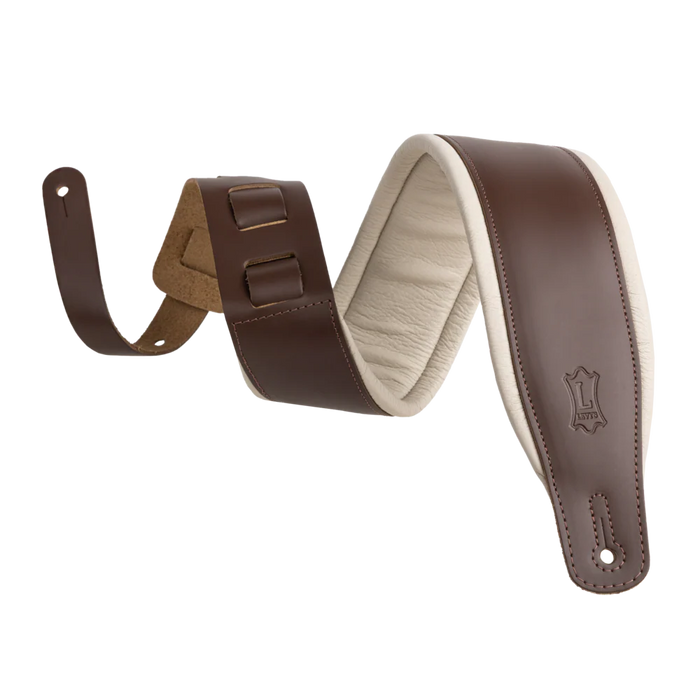 Levy's Amped Top Grain Leather Padded 3" - Dark Brown on Cream Guitar Strap - Fair Deal Music