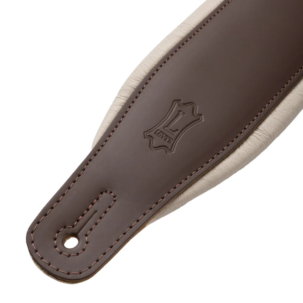 Levy's Amped Top Grain Leather Padded 3" - Dark Brown on Cream Guitar Strap - Fair Deal Music