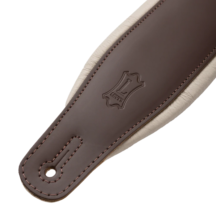Levy's Amped Top Grain Leather Padded 3" - Dark Brown on Cream Guitar Strap - Fair Deal Music