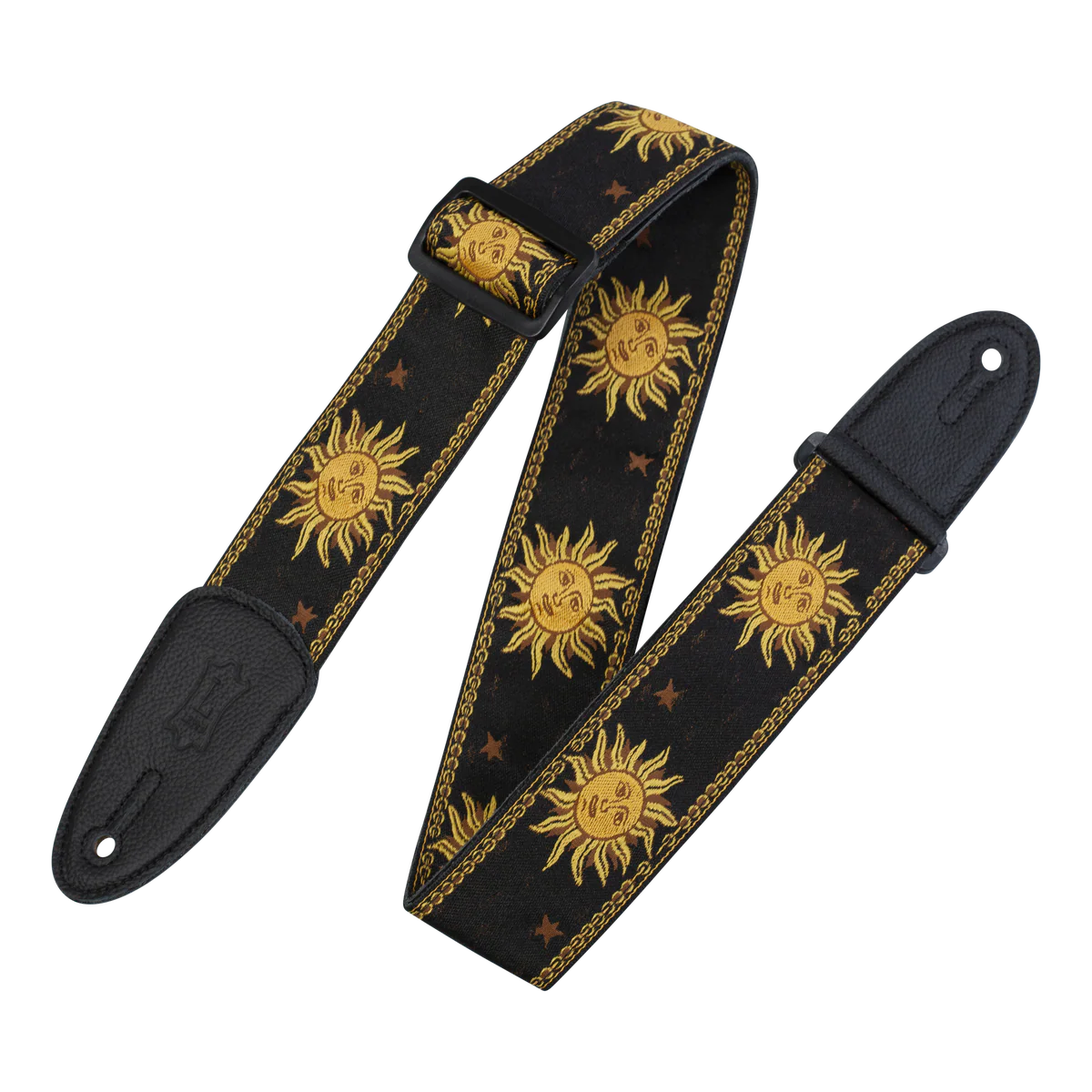 Levy's Sun Motif Weave w Leather Backing - Yellow on Black Guitar Strap - Fair Deal Music
