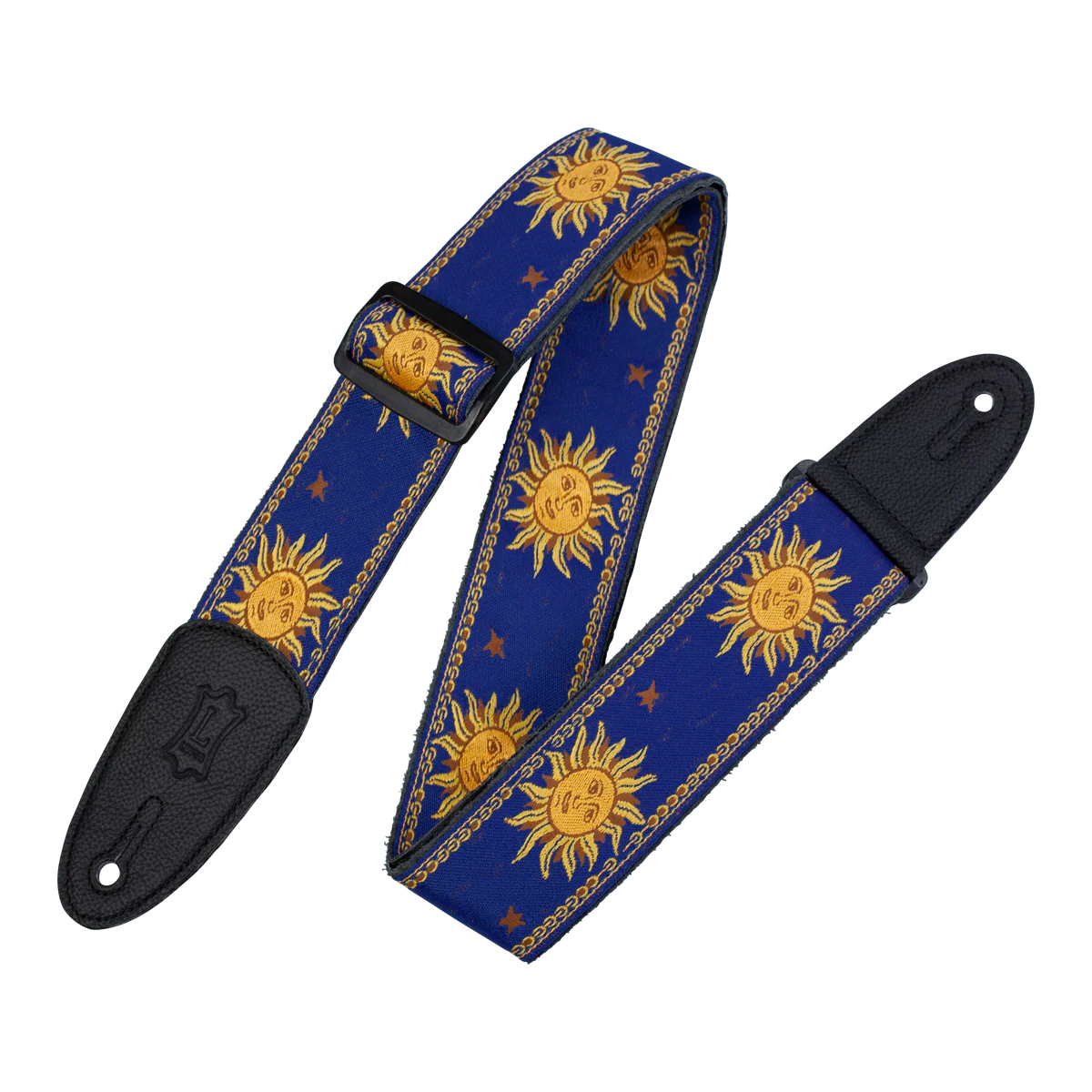 Levy's Sun Motif Weave w Leather Backing - Yellow on Blue Guitar Strap - Fair Deal Music
