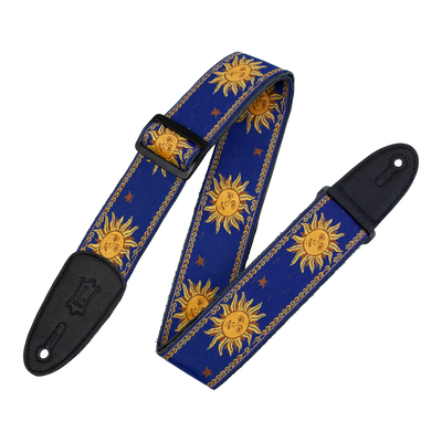 Levy's Sun Motif Weave w Leather Backing - Yellow on Blue Guitar Strap - Fair Deal Music