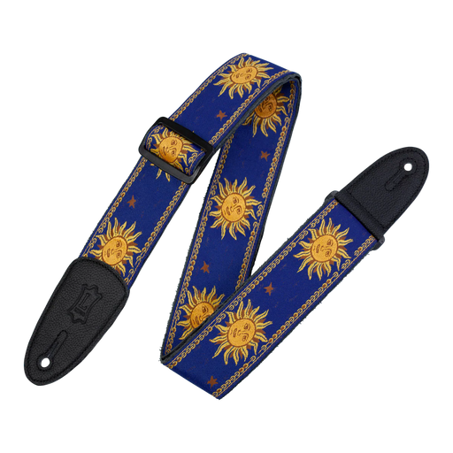 Levy's Sun Motif Weave w Leather Backing - Yellow on Blue Guitar Strap - Fair Deal Music