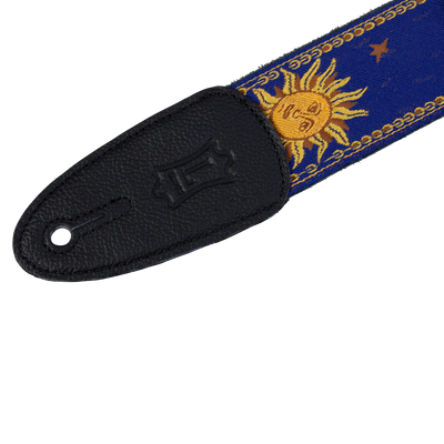Levy's Sun Motif Weave w Leather Backing - Yellow on Blue Guitar Strap - Fair Deal Music